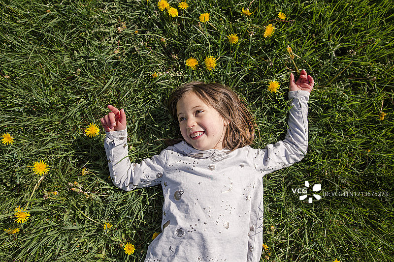 上面是一个快乐的微笑的孩子躺在一片野花中图片素材