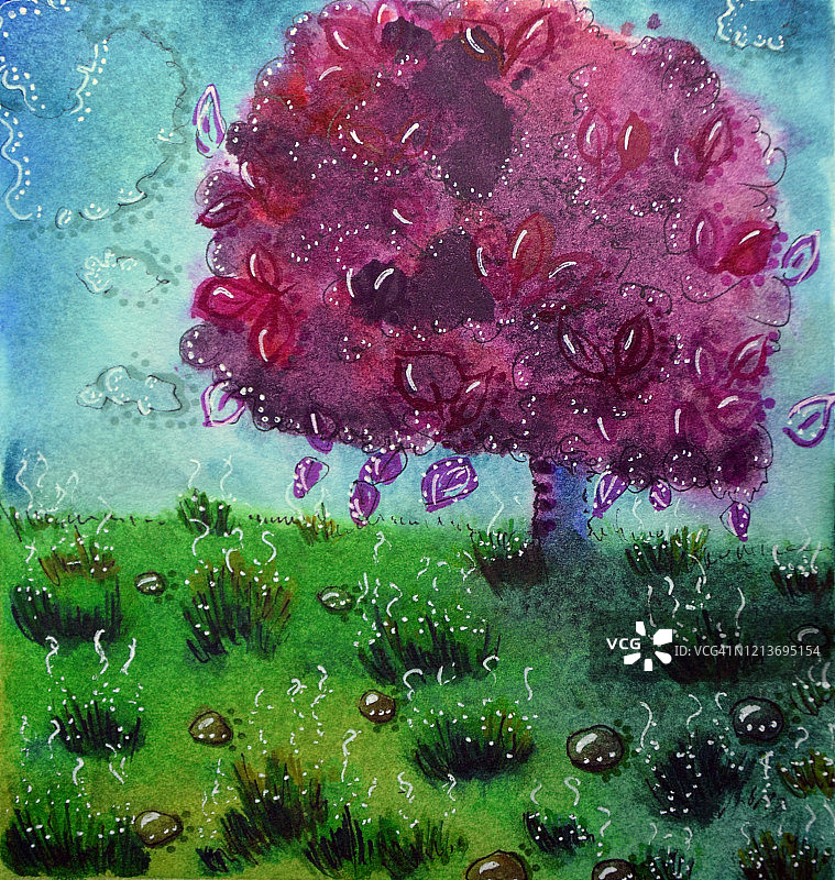 开花樱桃紫色的树与绿色的草。春天的风景。水彩手绘插图。图片素材
