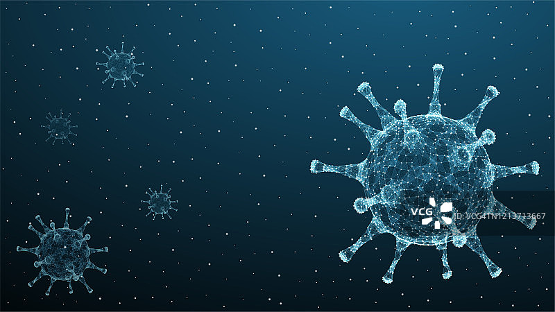 冠状病毒3d多边形文本。蓝色背景上的病毒感染流行横幅。病媒医疗冠状病毒示意图图片素材