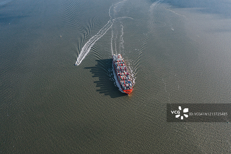 高角度视图显示集装箱船航行下的Scheldt河，荷兰图片素材