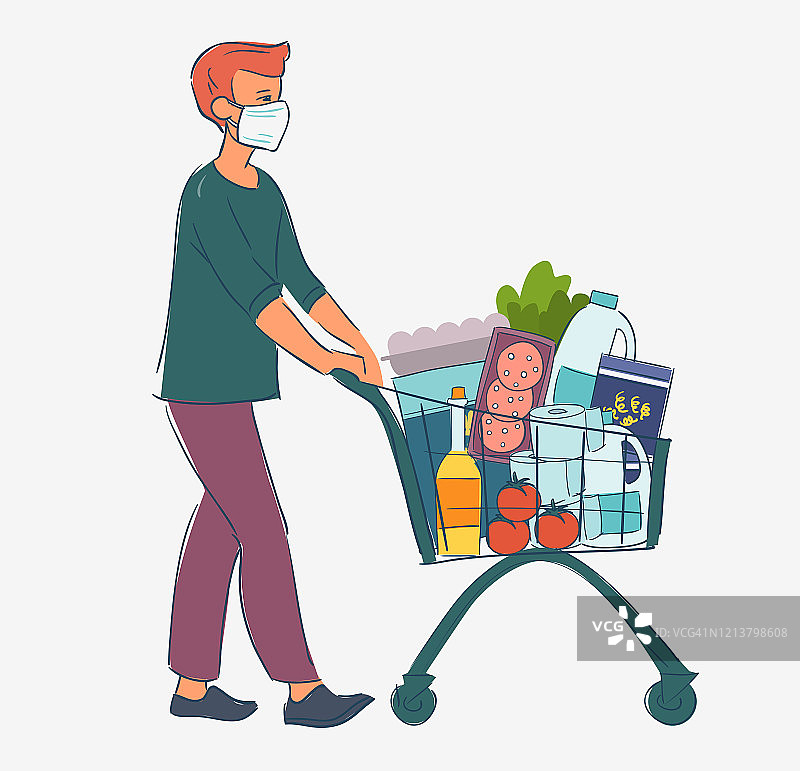 年轻男子戴着白色医用口罩，推着手推车在超市购物。冠状病毒检疫媒介图解的概念图片素材