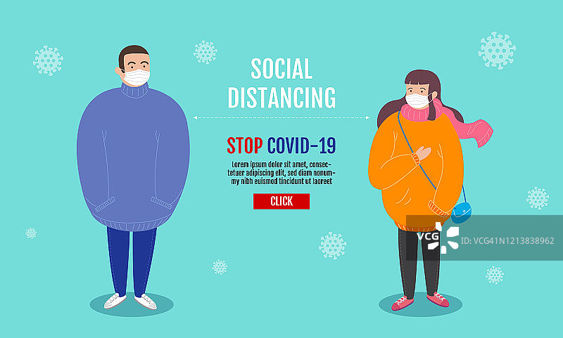 社交距离概念，人们保持距离以避免感染风险和疾病，佩戴外科防护口罩以预防Covid-19病毒(冠状病毒)。卡通人物。图片素材