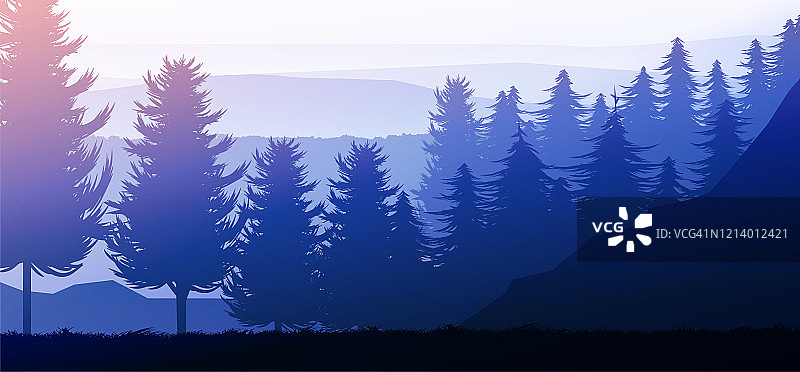 天然森林天然松林山地平线。风景壁纸。日出日落。插图矢量风格彩色视图背景。图片素材