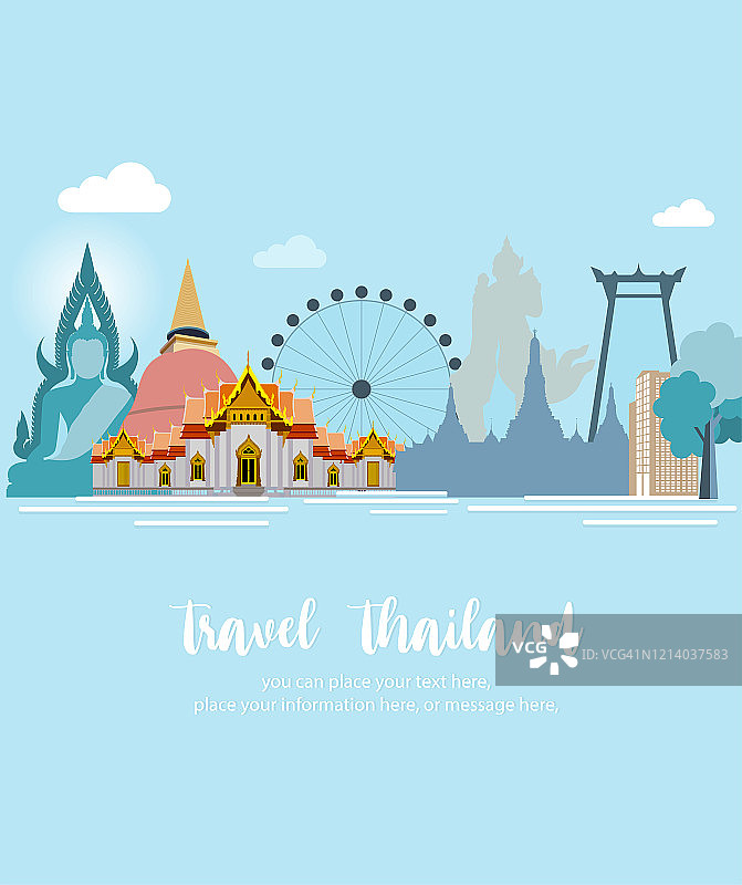 网站标题或横幅设计Wat Benchamabophit旅游-寺庙景观在柔和的蓝色背景图片素材