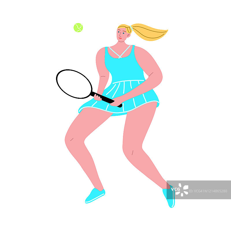 金发女孩穿着蓝色裙子打网球。矢量插图在平面卡通风格。图片素材