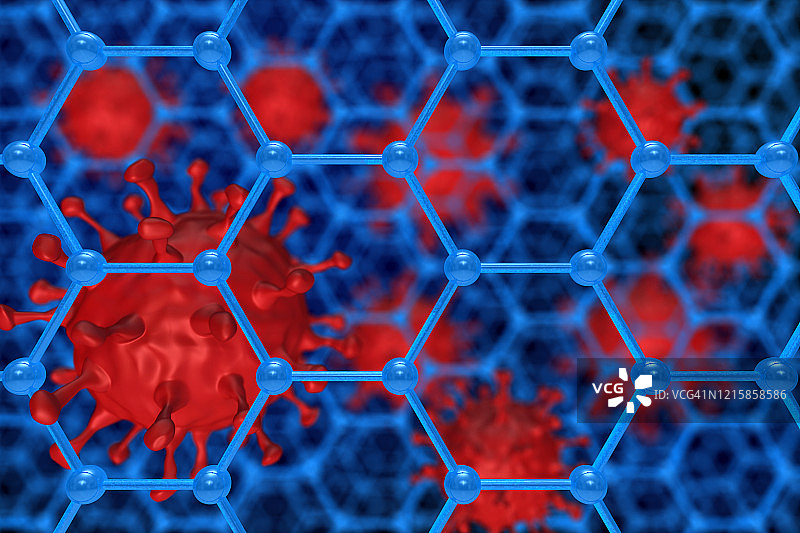 蓝色背景上的分子结构和病毒。三维演示图片素材