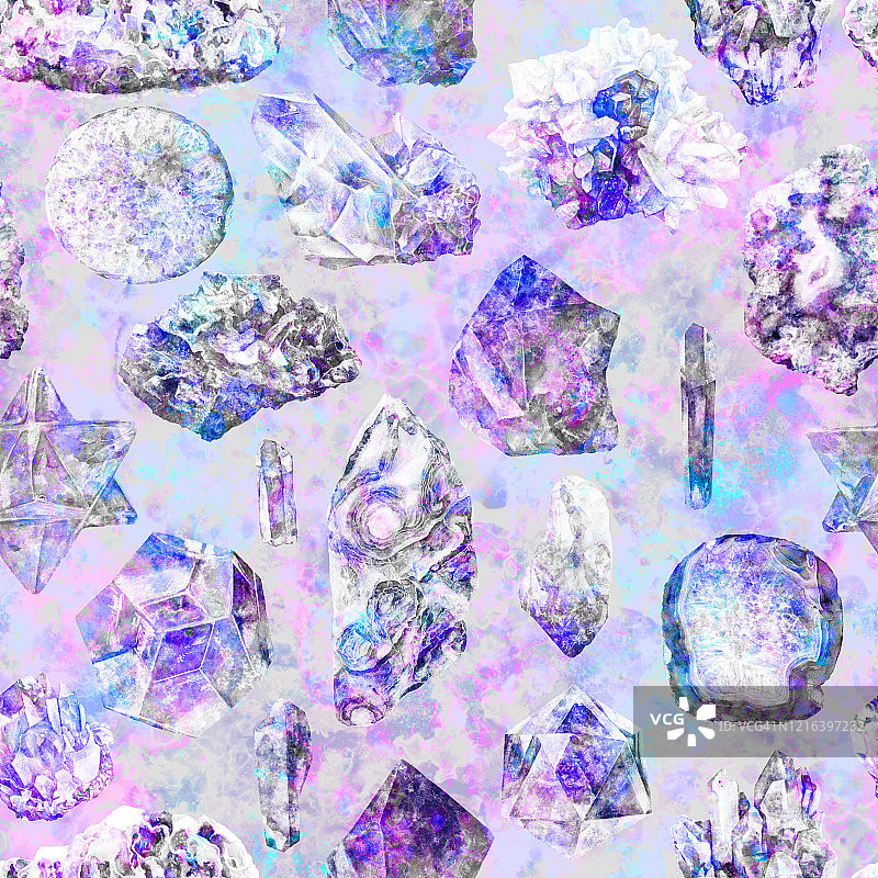 水彩图案与矿物，晶体，宝石，海石在蓝色，紫色，紫色的颜色。无缝大理石重复背景，星座星座星座。明亮的时尚质感图片素材