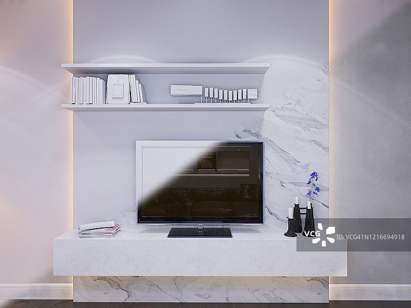 客厅室内设计的3d渲染。白色内饰。墙壁装饰与电视系统和LED照明图片素材