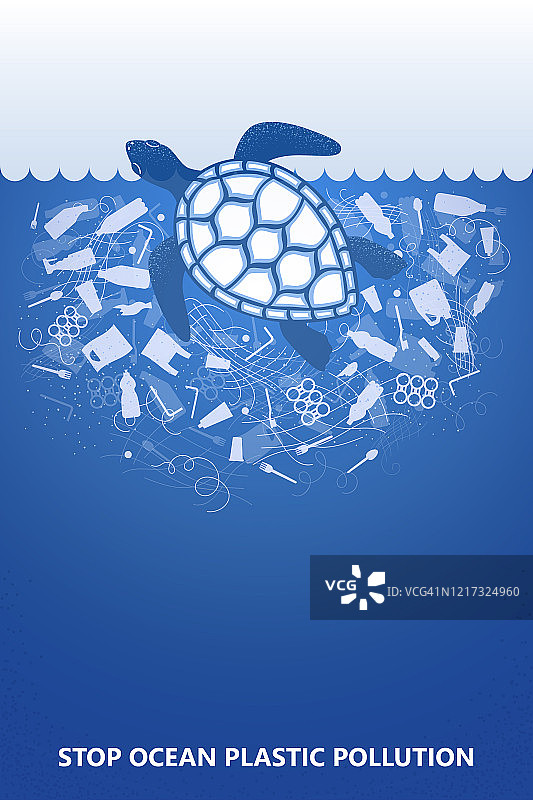 阻止海洋塑料污染。生态海报水中龟与白色塑料垃圾袋，瓶子在蓝色背景。本空间的地方。平面设计图片素材