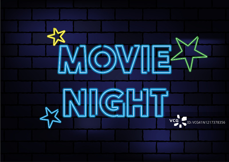 电影夜标志:黑色砖墙上的蓝色霓虹灯图片素材