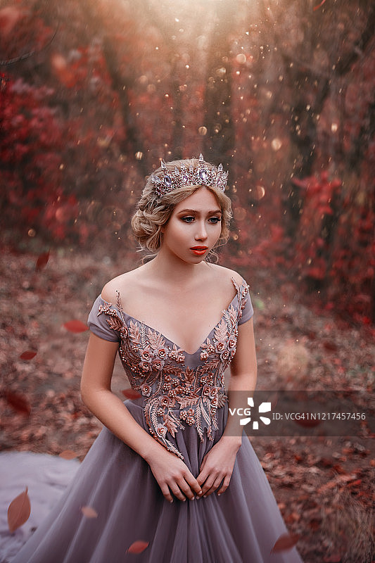 年轻美丽的金发女女王。公主走了。秋天森林神秘雾红树。复古中世纪闪亮皇冠。长长的紫色晚礼服。魔法落叶随风飞舞，幻想飘浮图片素材
