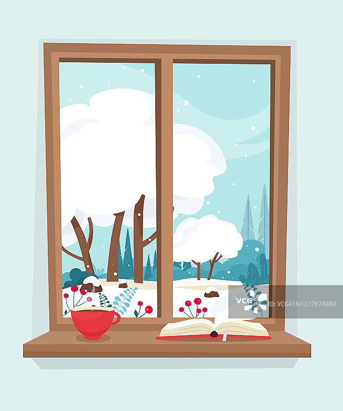 冬天的窗户，可以看到自然和森林，窗台上有一杯咖啡和一本书。舒适的矢量插图在卡通扁平风格。图片素材