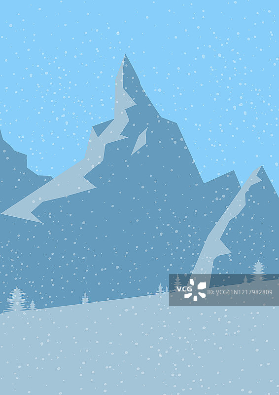 景观插图与飘落的雪，山和圣诞树在蓝色的基调。图片素材