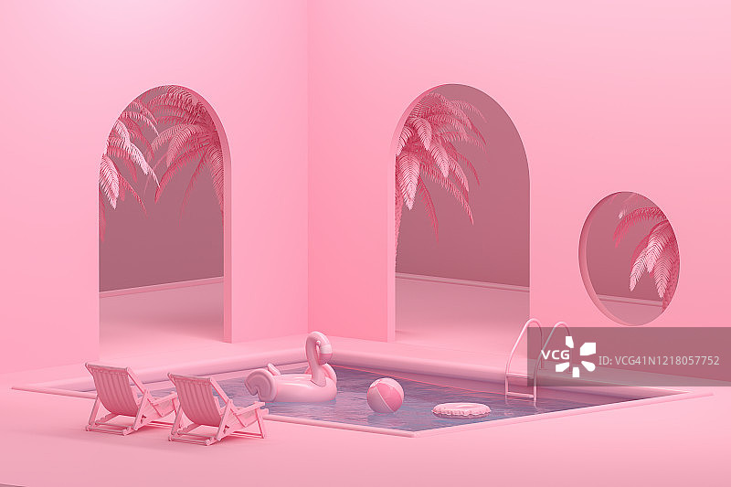 游泳池，室内，夏季概念，粉色背景图片素材