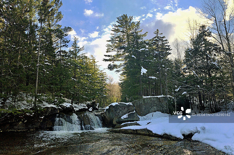 早春时节，美国缅因州纽里的螺旋钻瀑布图片素材