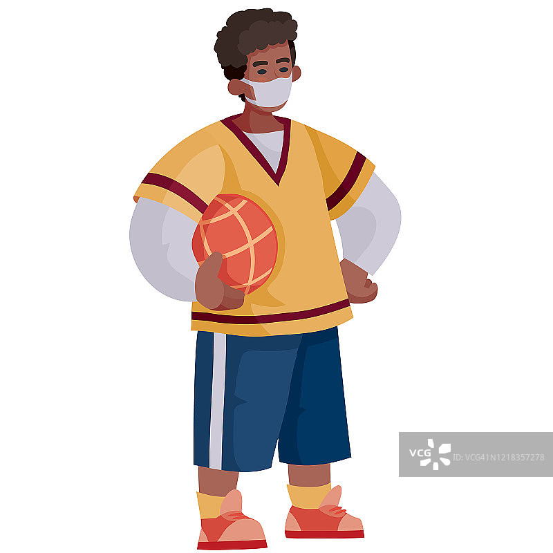 一名非洲裔美国少年，手中拿着一个篮球，戴着一个防护医疗面具来抵御病毒，白色背景上有隔离物体，矢量图，eps图片素材
