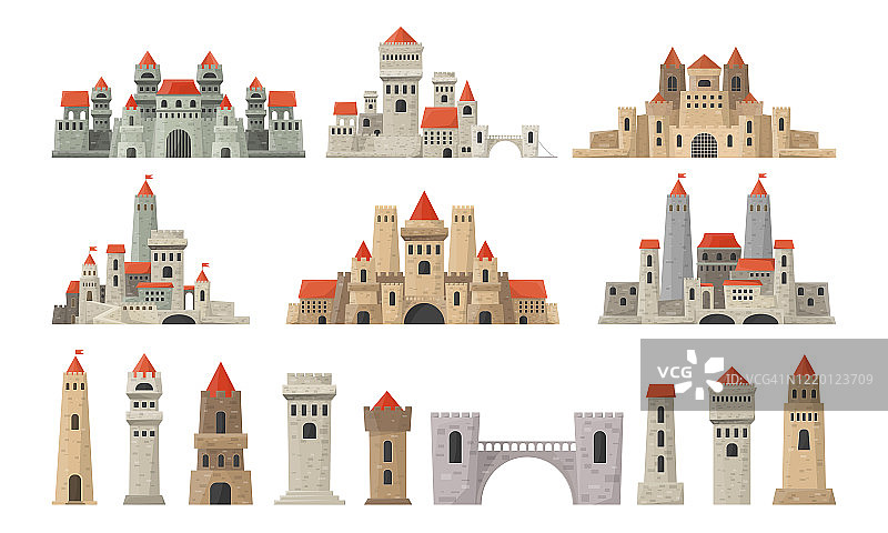 城堡塔楼大布景。白色背景上的王国。堡垒的建筑。卡通风格的中世纪宫殿。在向量集合。图片素材