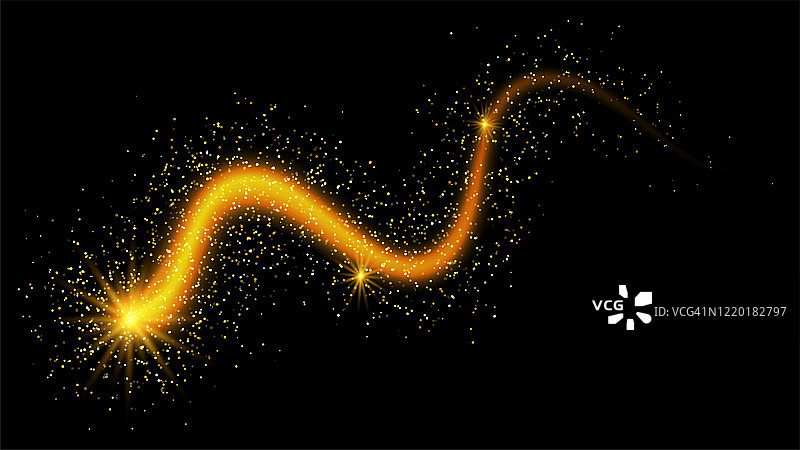 金色抽象背景与闪烁的波浪。向量金色闪闪的彗星尾巴在黑色的背景。向量抽象闪亮的颜色闪耀波浪设计元素与闪烁的效果在黑色的背景。图片素材