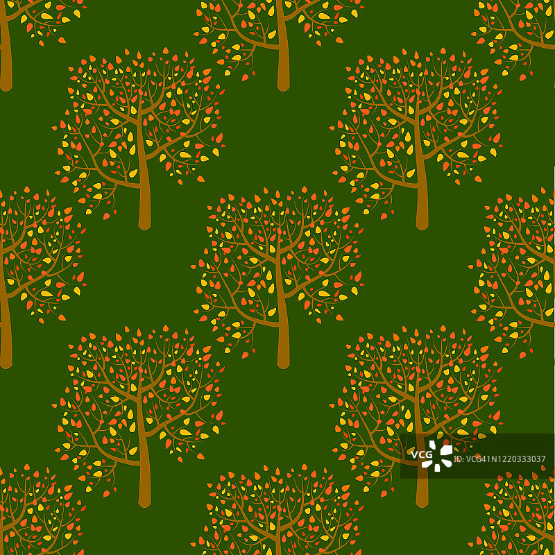 卡通秋天森林在绿色的背景。林地与树木无缝格局。矢量插图。图片素材