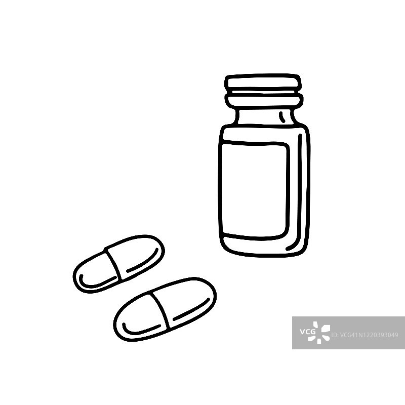 手绘涂鸦药丸，片剂，胶囊和包装瓶隔离在白色背景。图片素材