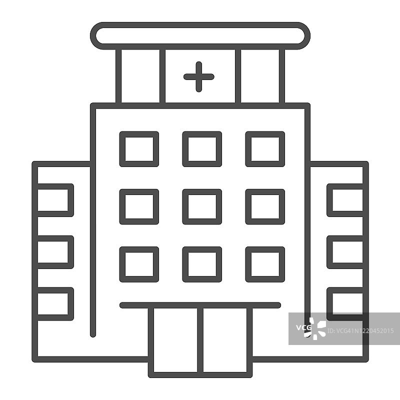 医院大楼细线图标。医疗建筑顶部有十字，白色背景上有轮廓式象形图。医疗保健建筑的移动概念和网页设计。矢量图形。图片素材