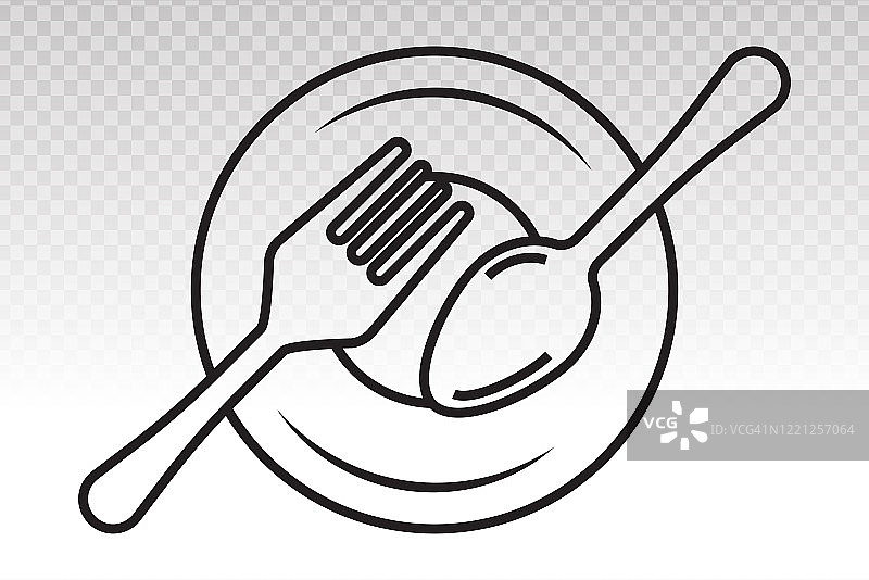 用餐矢量平面图标与盘子和餐具或匙和叉(扁平餐具)在一个透明的背景图片素材