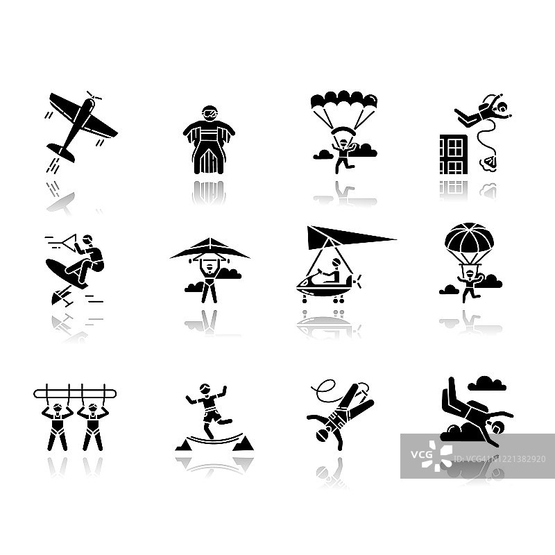 空中极限运动下降阴影黑色象形文字图标集。跳伞、跳伞、滑翔。户外活动。滑翔伞、特技飞行和蹦极。孤立的矢量插图图片素材