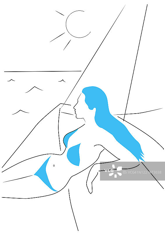 一个美丽的女人躺在帆船上欣赏大海。图片素材