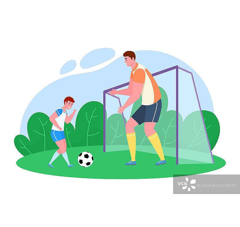 父亲时间与儿子矢量插图，卡通扁爸爸踢足球与男孩在足球绿茵茵的草地上隔离上白色图片素材