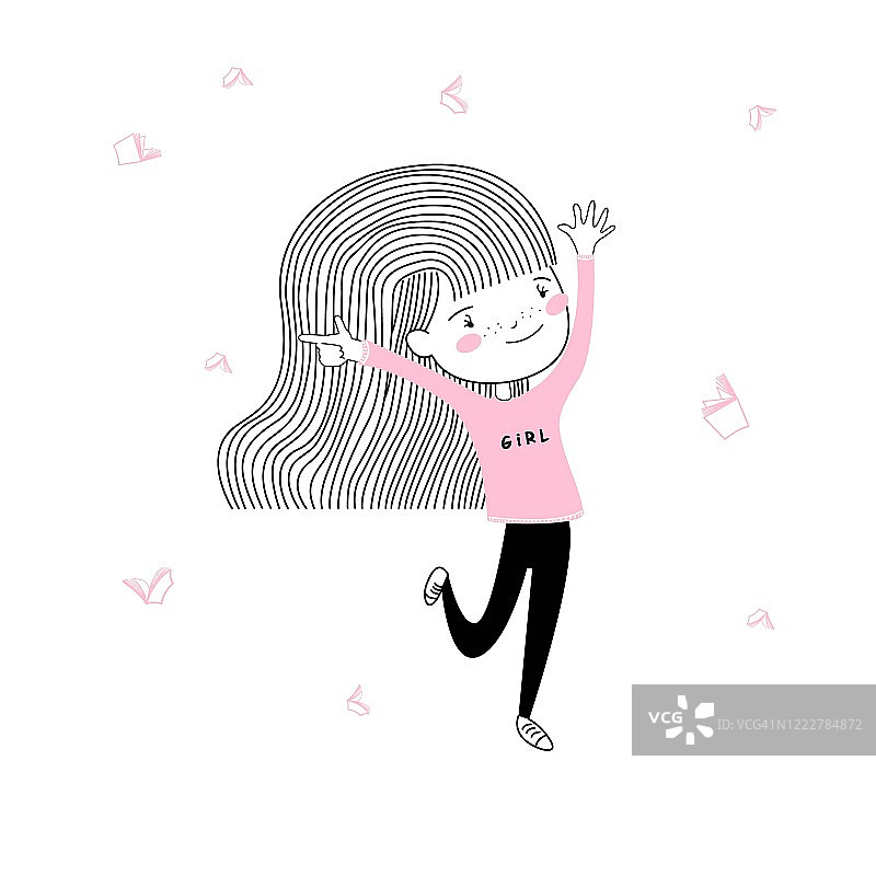 可爱的小学生女孩跳快乐的粉红色和与回学校，墙壁艺术海报矢量设计图片素材