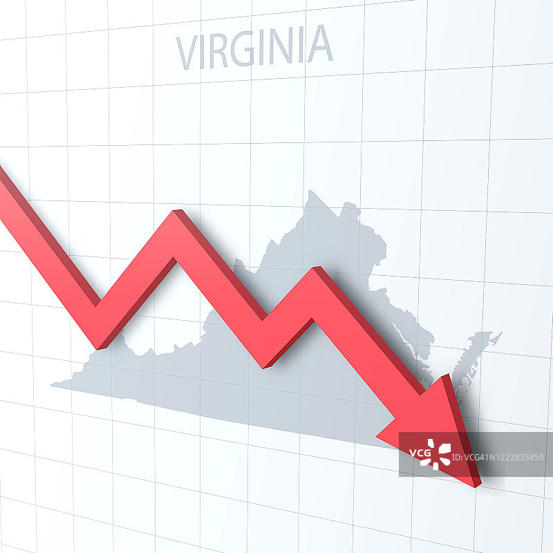 落下的红色箭头，背景是弗吉尼亚地图图片素材
