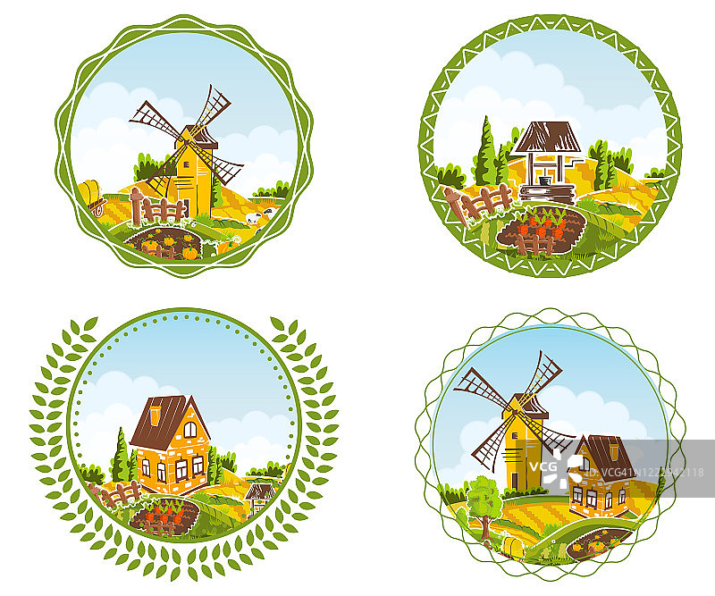 乡村景观标签集村庄和田野符号孤立插图图片素材