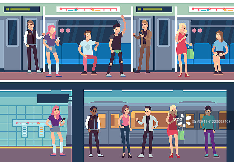 人们在地铁。公共交通地铁站。地铁站台和列车有女性乘客和男性乘客矢量的概念图片素材