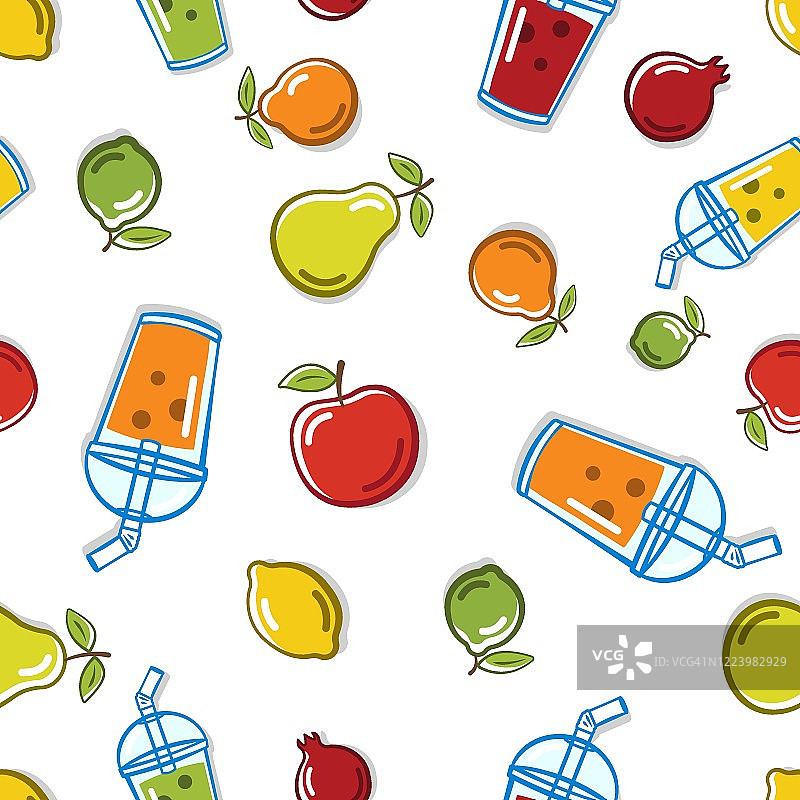 无缝矢量模式与水果，果汁，冰沙。孤立的水果插图图片素材
