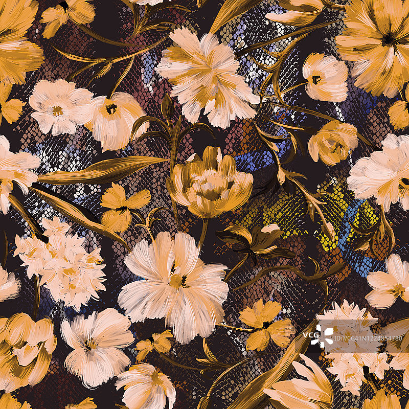 植物花卉无缝图案。鲜艳抽象的梦幻花朵与动物蛇皮爬行纹纹理点缀。夏季动物花卉背景。图片素材