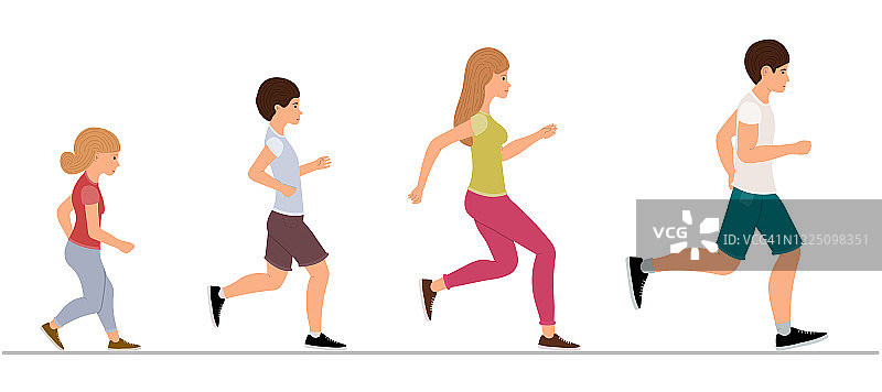 家庭慢跑，健康的生活方式。男人，女人，男孩和女孩都在跑。父亲，母亲，儿子和女儿一起跑。积极的生活方式。矢量插图卡通风格图片素材