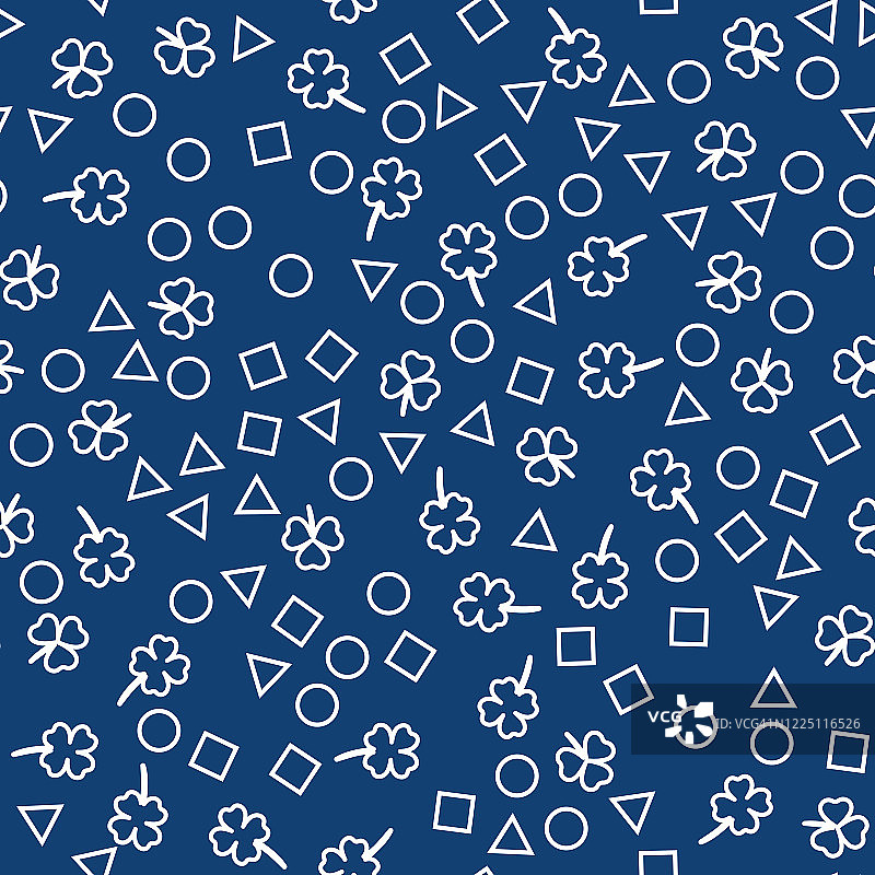 无缝模式上的蓝色背景。三叶草和几何形状。设计织物，包装，纸张。向量图片素材