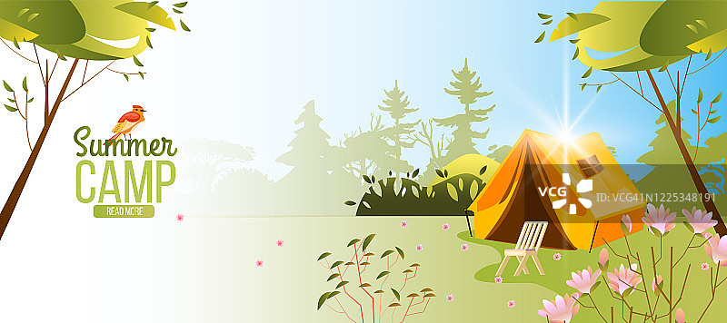 夏日露营横幅上有树木、鲜花、松树、帐篷、椅子。图片素材