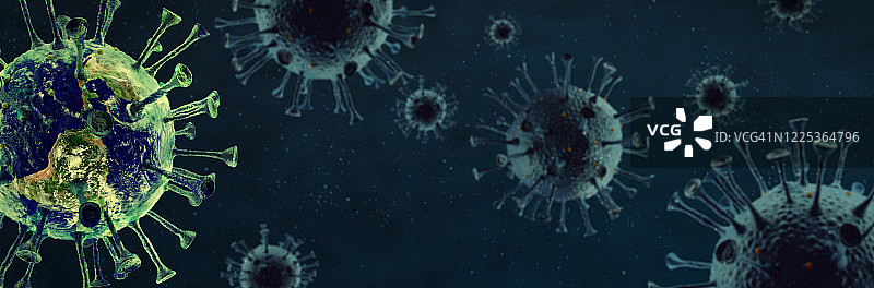 地球反射在蓝色背景的冠状病毒-病毒学概念- 3d渲染图片素材