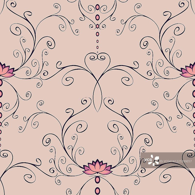 无缝矢量模式与粉红色荷花和曲线线在紫色的背景。浪漫平静的花墙纸设计。瑜伽禅面料时尚风格。图片素材