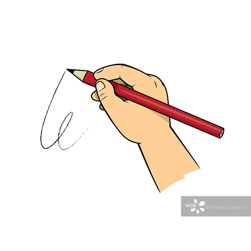 手拿一支红铅笔在白色的背景为组装或创建教学材料的母亲谁做家庭学校和教师谁找到图片的教学材料，如抽认卡或儿童书籍。图片素材