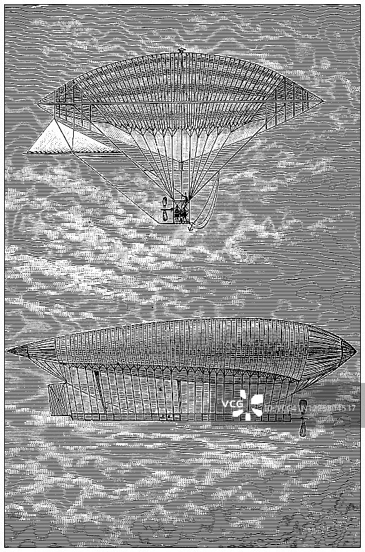 科学发现，实验和发明的古董插图:热气球，齐柏林飞艇图片素材