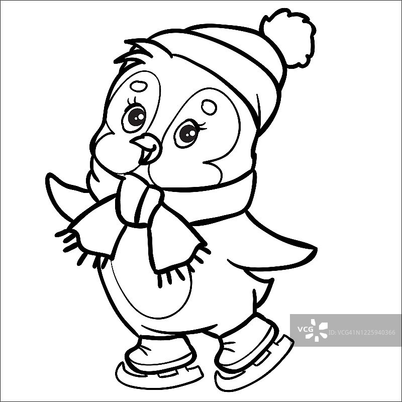 企鹅人物穿着溜冰鞋，戴着帽子和围巾，孤立的物体在白色背景上，图片素材