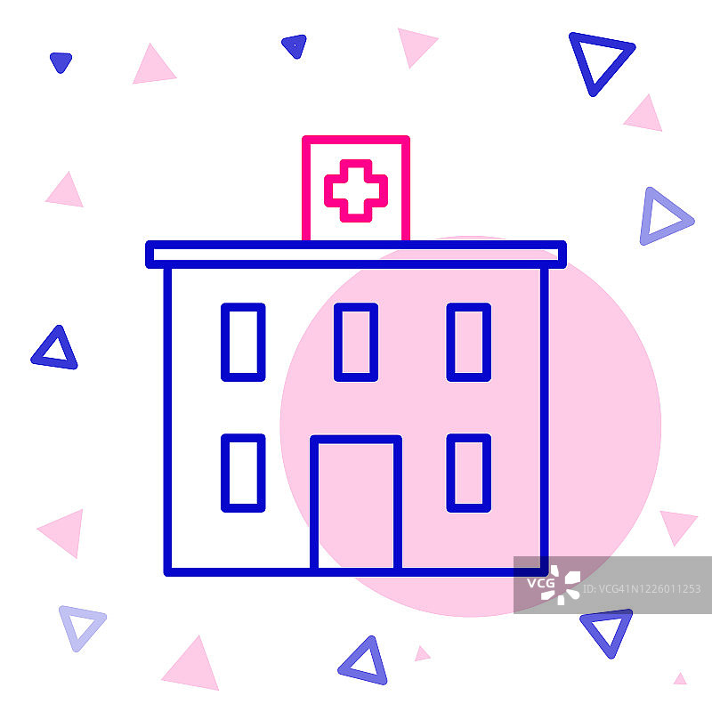 在白色背景上用十字图标隔离的医疗大楼。医疗中心。卫生保健。色彩斑斓的轮廓的概念。矢量图图片素材