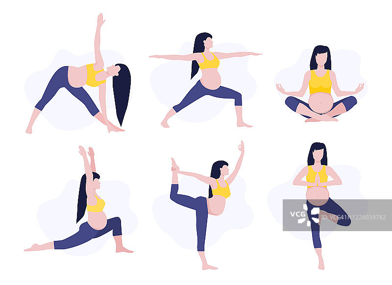 矢量插图一套孕妇女孩或妇女做瑜伽课。孕前健康健身，孕后运动。图片素材