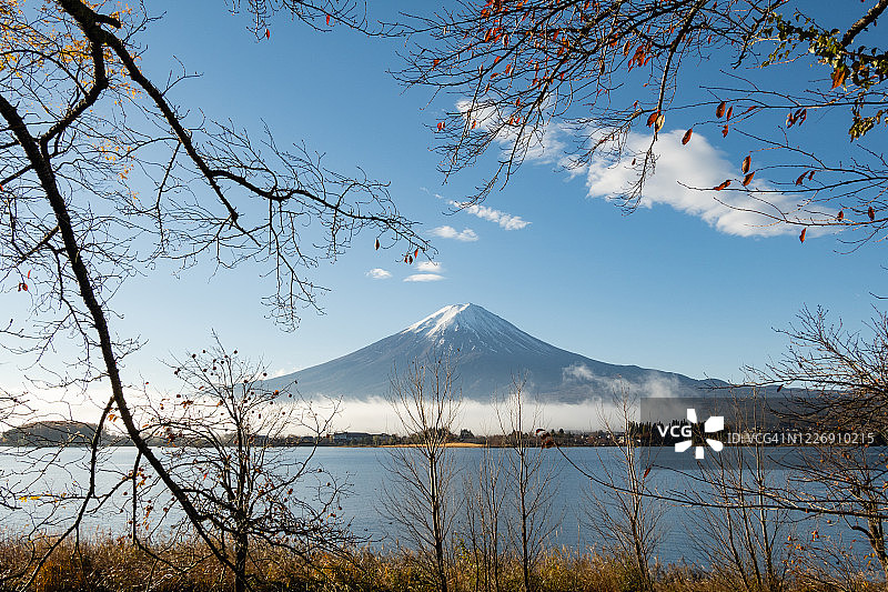 从日本山梨县川口湖看富士山。富士山是日本最高的山，深受日本和外国游客的欢迎。图片素材