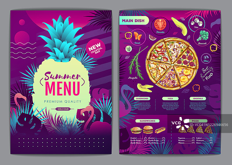餐厅夏季热带梯度菜单设计与荧光热带树叶和火烈鸟。快餐菜单图片素材