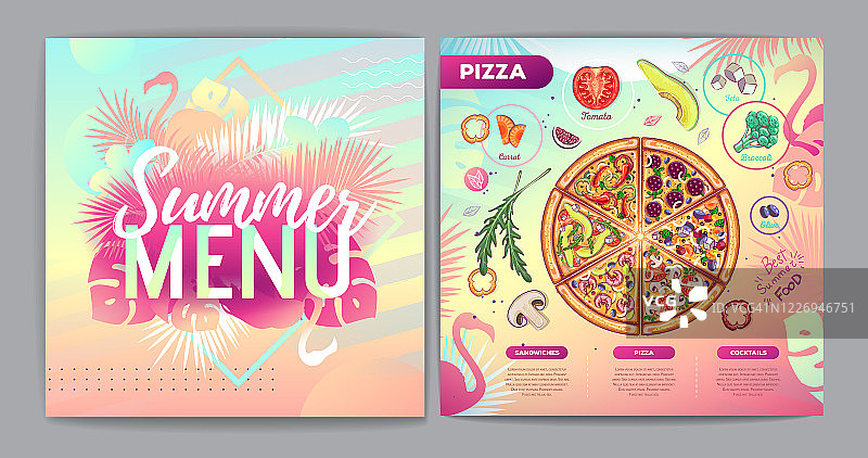 餐厅夏季热带梯度披萨菜单设计与荧光热带树叶和火烈鸟。快餐菜单图片素材