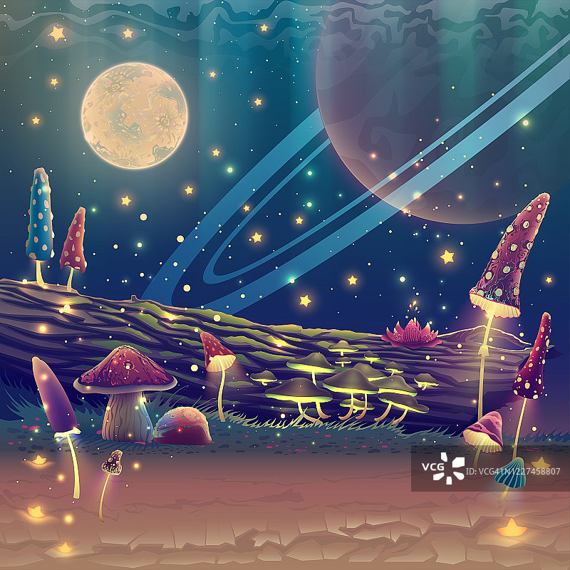 数字奇幻蘑菇花园或魔幻公园插图，夜间森林景观艺术与星星，月亮，行星在太空，户外童话绘图。夏日自然海报，美丽墙纸。图片素材