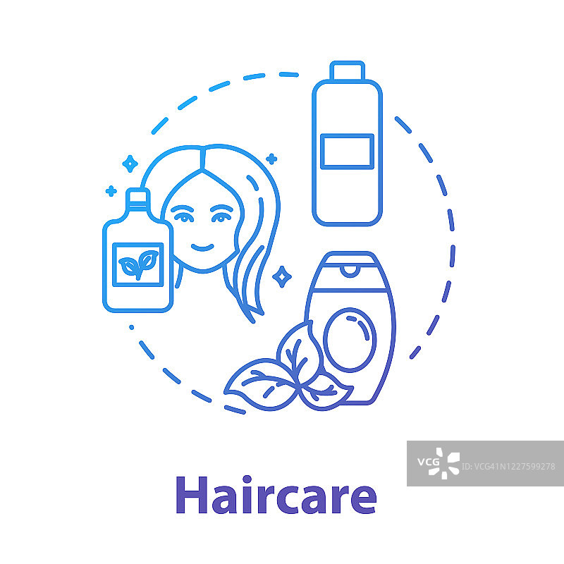 护发，天然化妆品，头发健康和美丽的概念图标。有机洗发水和护发素的想法细线插图。矢量隔离轮廓RGB彩色绘图。可编辑的中风图片素材